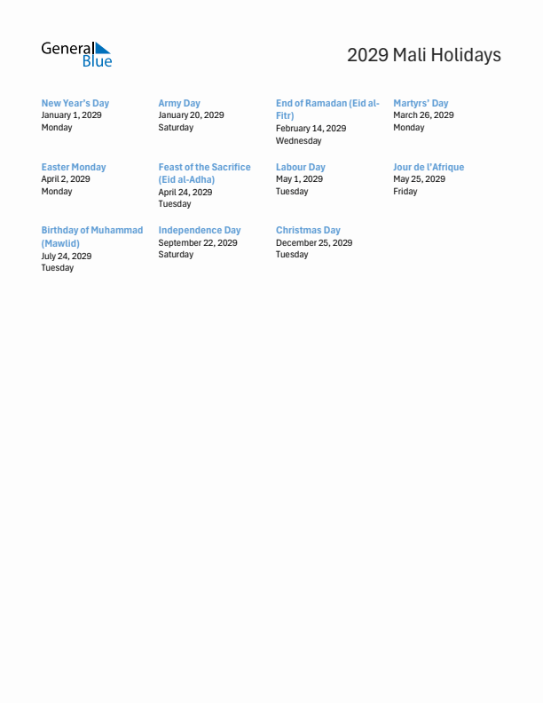 Free printable list of Mali holidays for year 2029