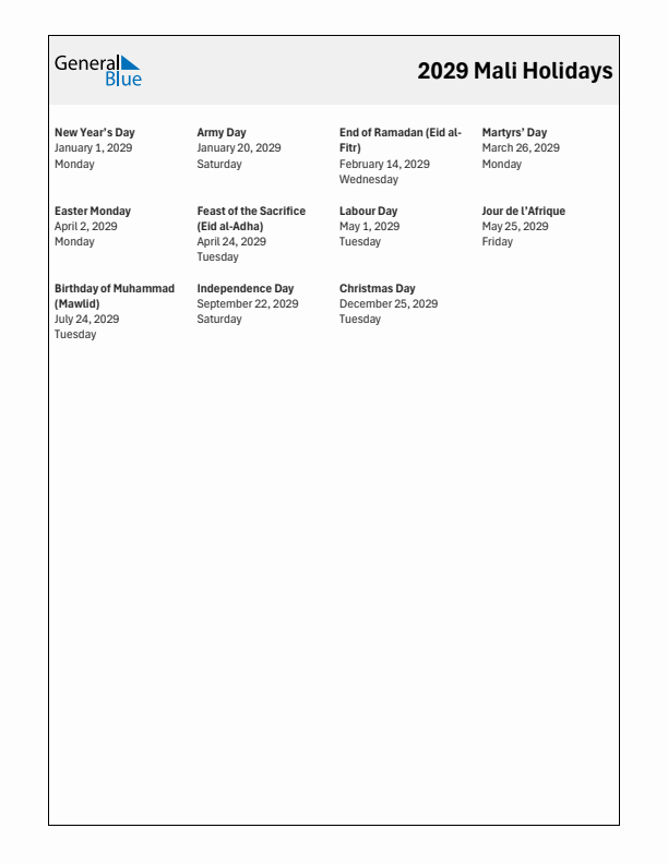 Free printable list of Mali holidays for year 2029