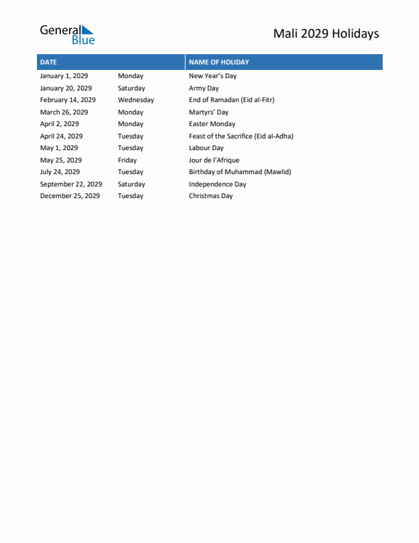 Free printable list of Mali holidays for year 2029