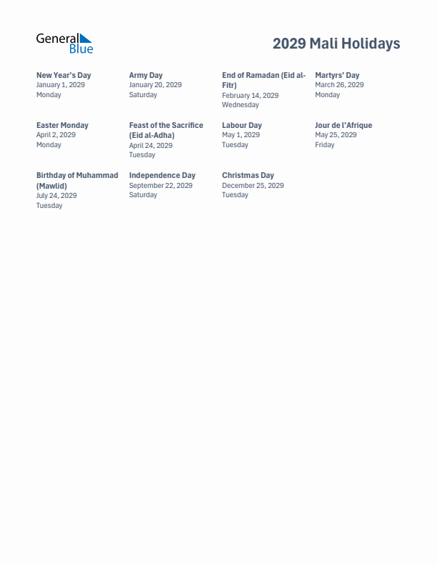 Free printable list of Mali holidays for year 2029
