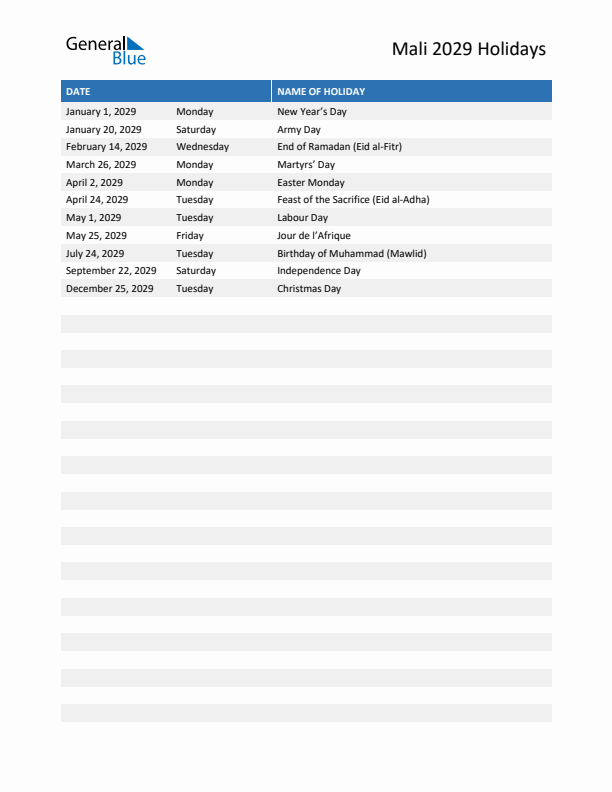 Free printable list of Mali holidays for year 2029