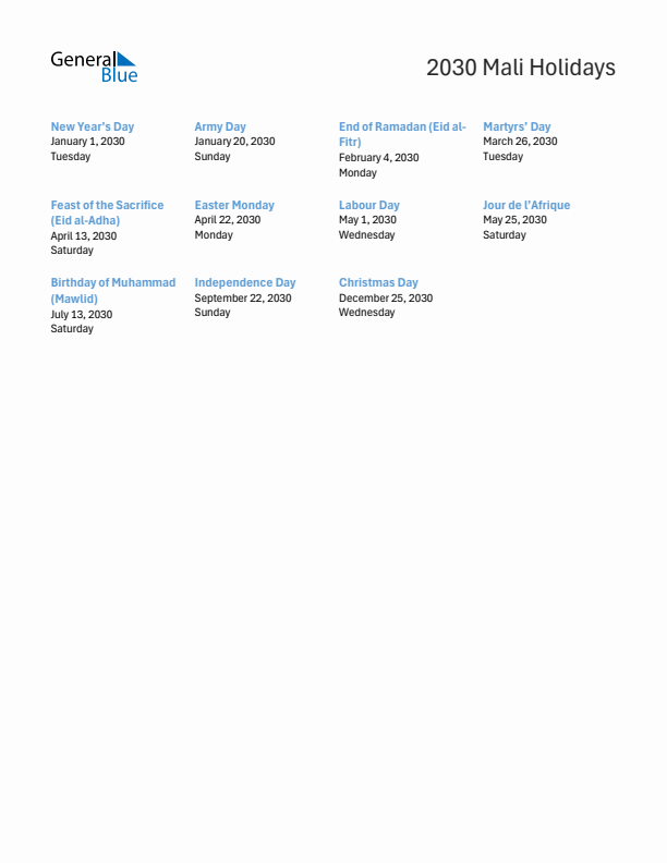 Free printable list of Mali holidays for year 2030