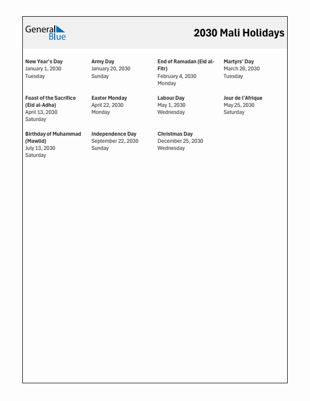 Free printable list of Mali holidays for year 2030