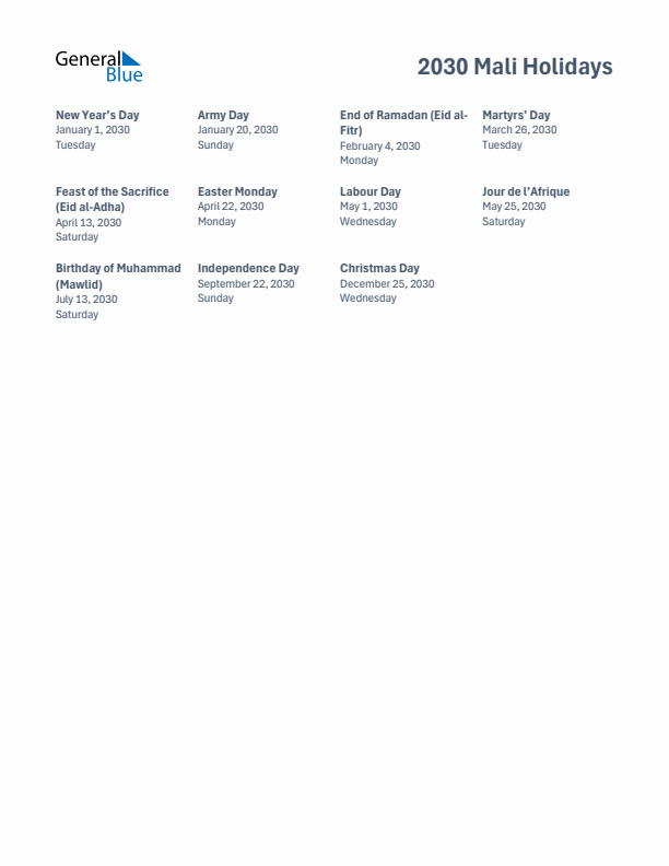 Free printable list of Mali holidays for year 2030