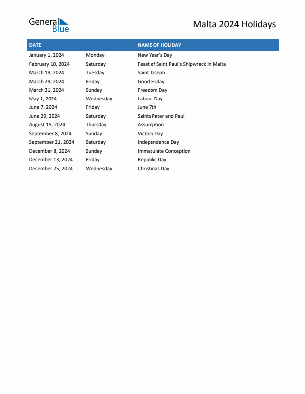 Free printable list of Malta holidays for year 2024
