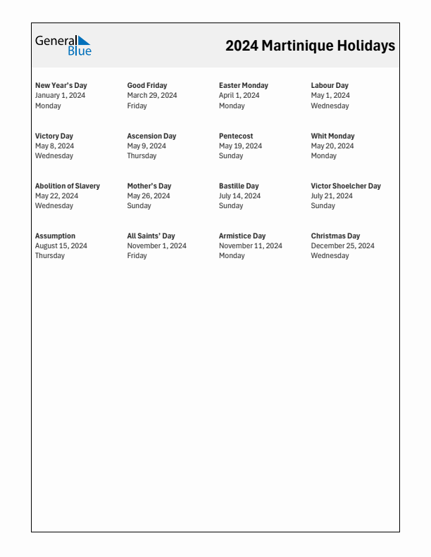 Free printable list of Martinique holidays for year 2024
