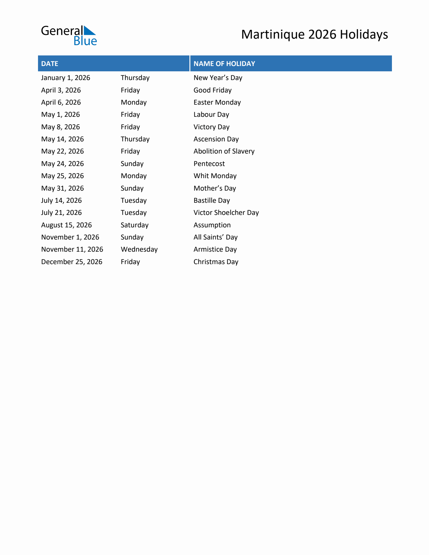 2026 Martinique List of Holidays in PDF, Word, and Excel