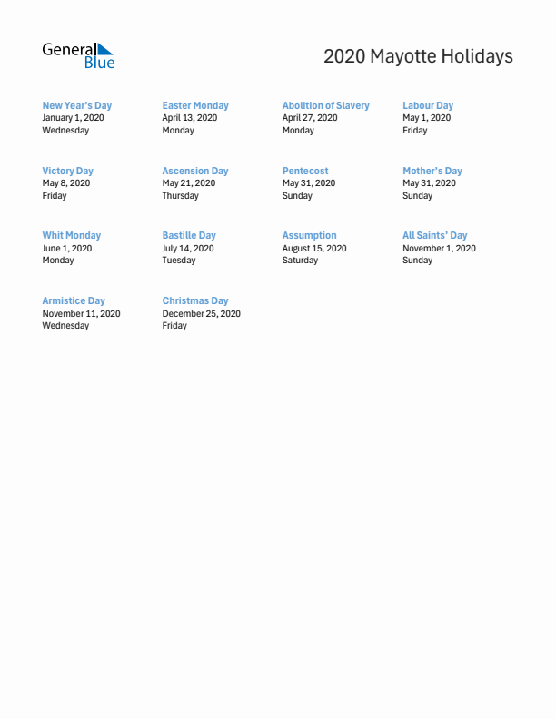 Free printable list of Mayotte holidays for year 2020