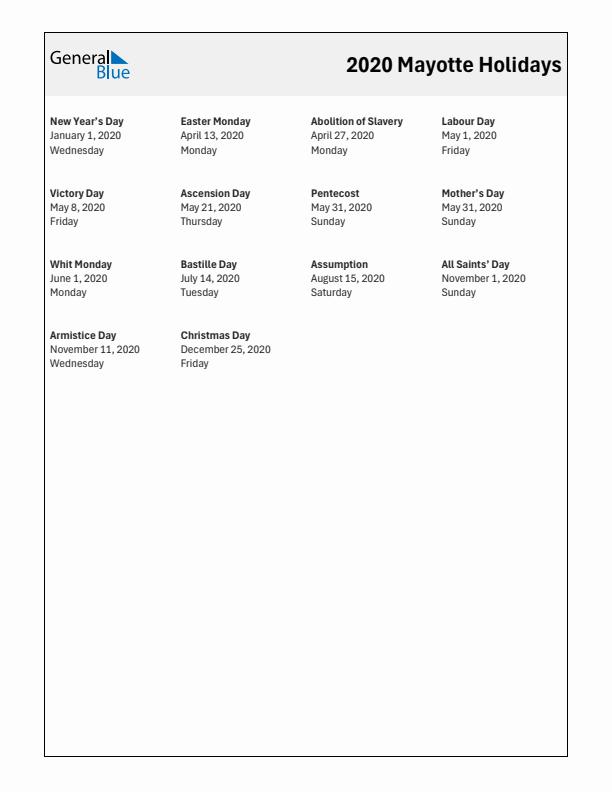 Free printable list of Mayotte holidays for year 2020