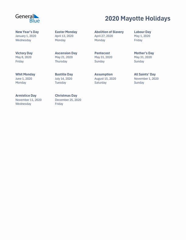 Free printable list of Mayotte holidays for year 2020