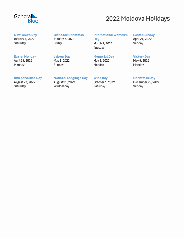 Free printable list of Moldova holidays for year 2022