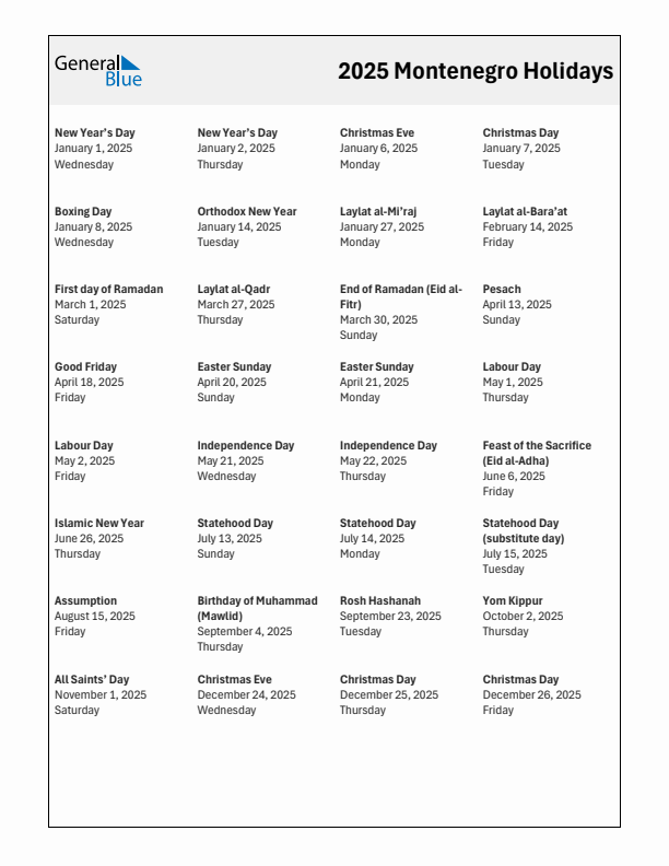 Free printable list of Montenegro holidays for year 2025