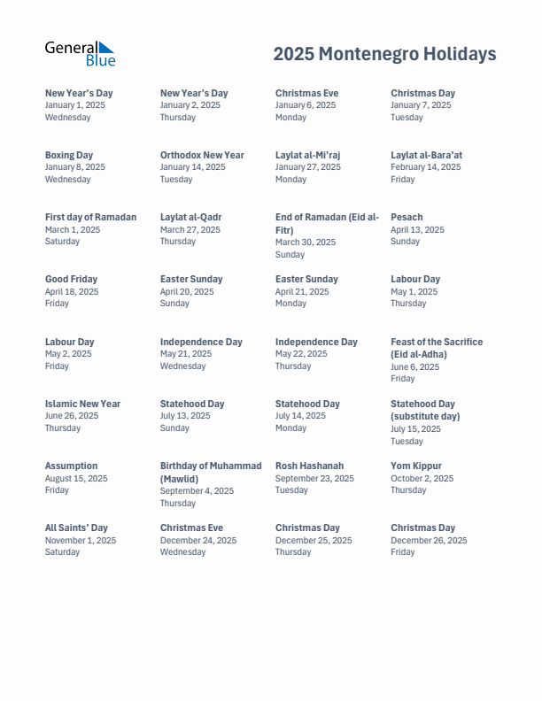 Free printable list of Montenegro holidays for year 2025