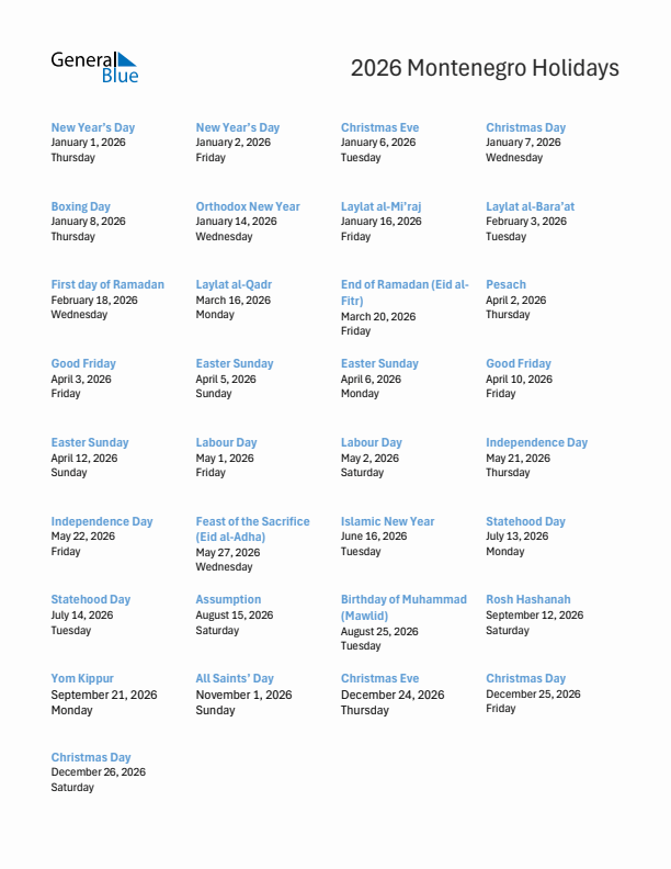 Free printable list of Montenegro holidays for year 2026