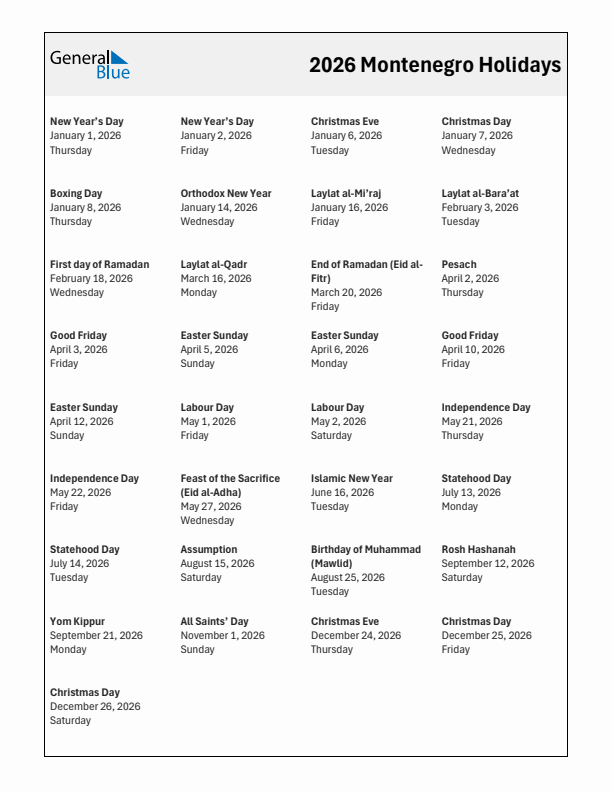 Free printable list of Montenegro holidays for year 2026
