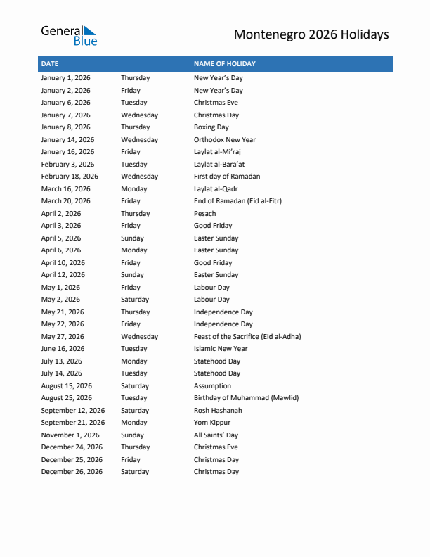 Free printable list of Montenegro holidays for year 2026