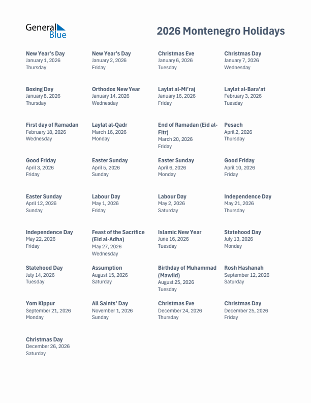 Free printable list of Montenegro holidays for year 2026