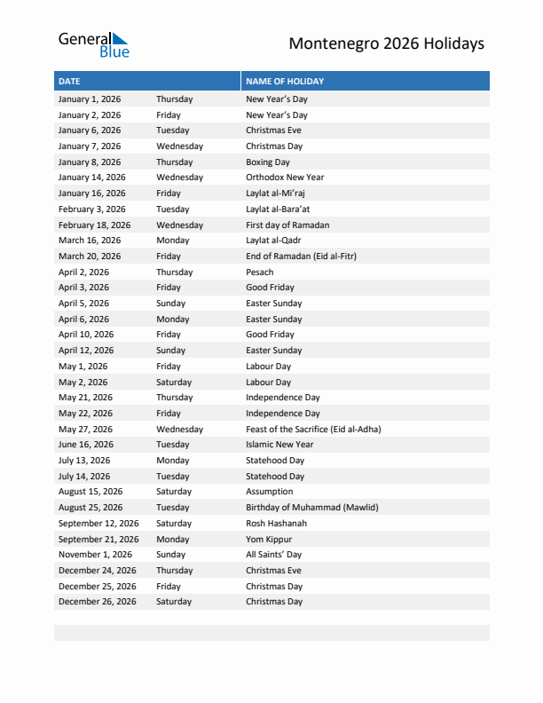 Free printable list of Montenegro holidays for year 2026