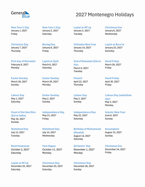 Free printable list of Montenegro holidays for year 2027