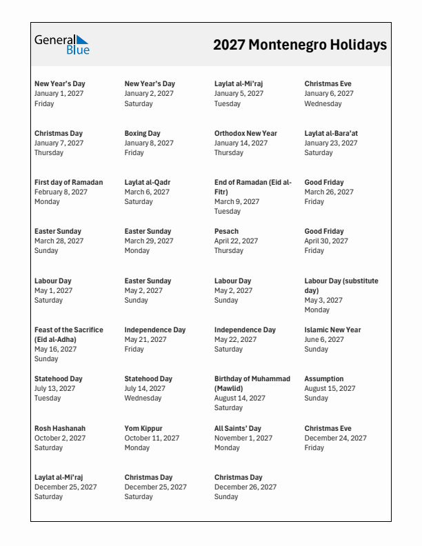 Free printable list of Montenegro holidays for year 2027