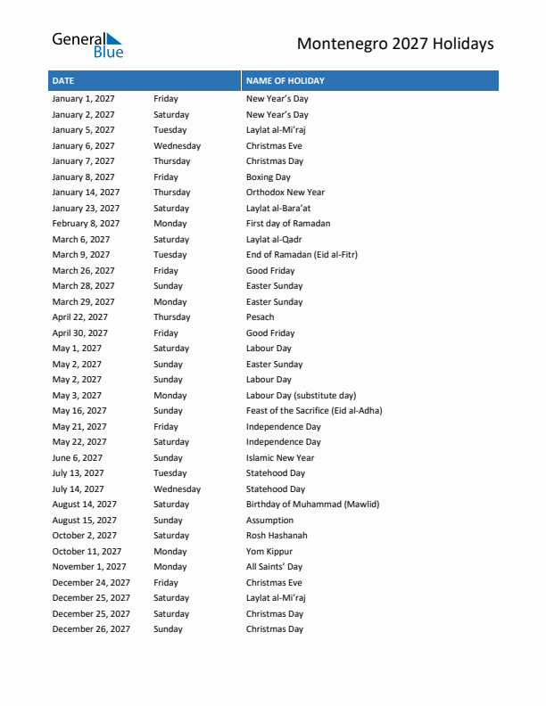 Free printable list of Montenegro holidays for year 2027