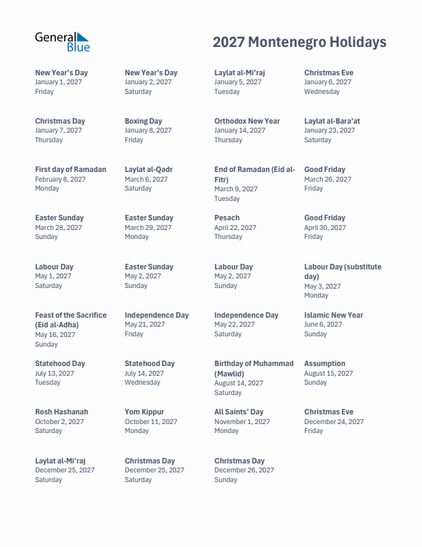 Free printable list of Montenegro holidays for year 2027