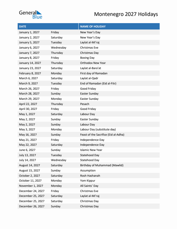 Free printable list of Montenegro holidays for year 2027