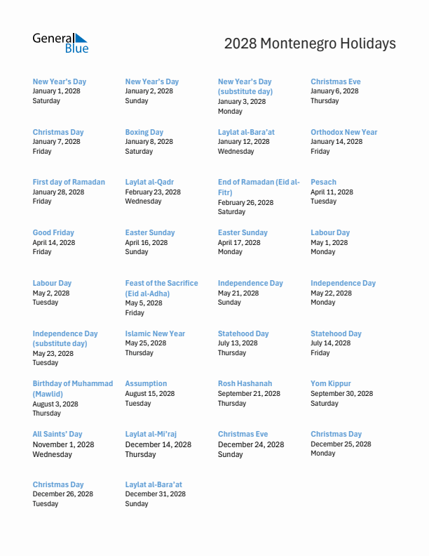 Free printable list of Montenegro holidays for year 2028
