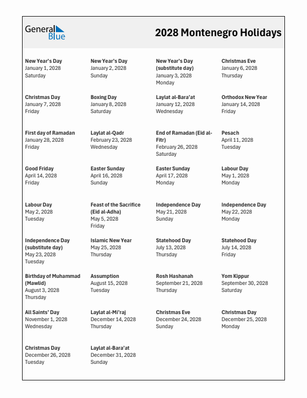 Free printable list of Montenegro holidays for year 2028