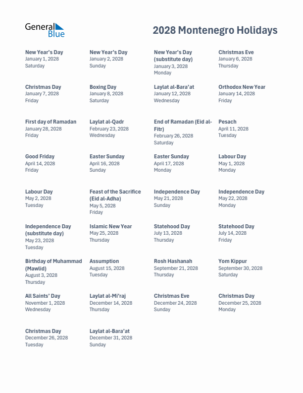 Free printable list of Montenegro holidays for year 2028