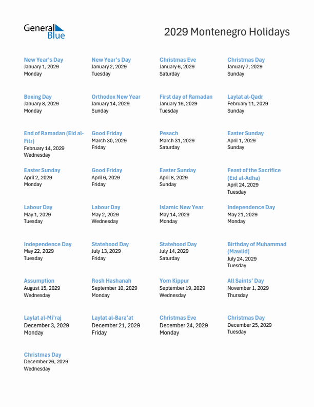 Free printable list of Montenegro holidays for year 2029