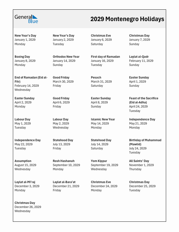 Free printable list of Montenegro holidays for year 2029