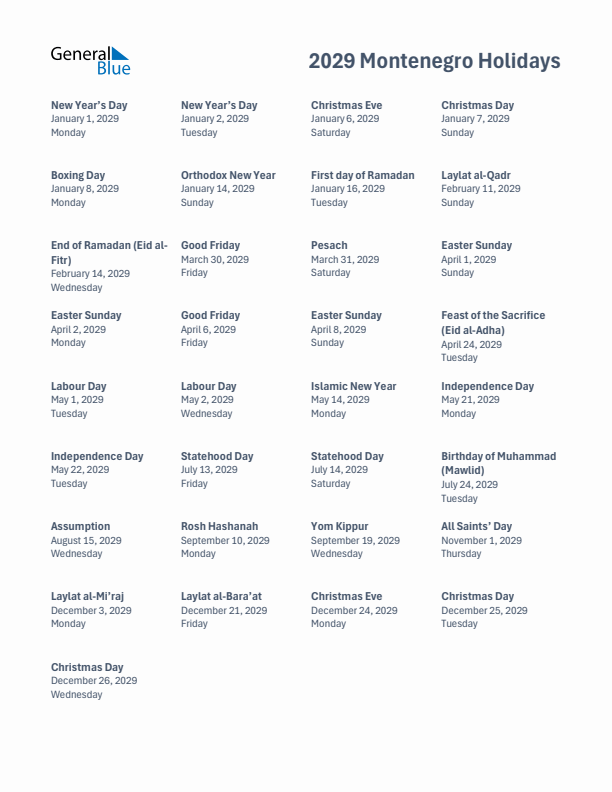 Free printable list of Montenegro holidays for year 2029