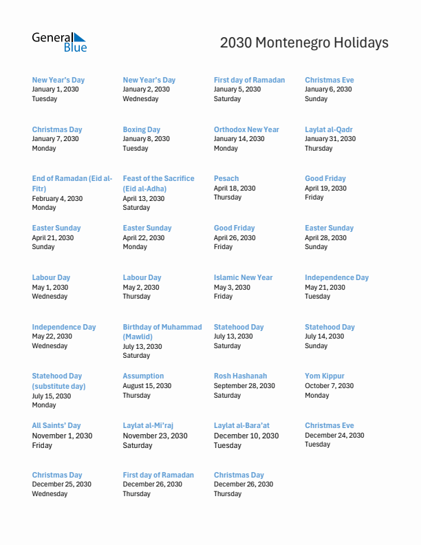 Free printable list of Montenegro holidays for year 2030