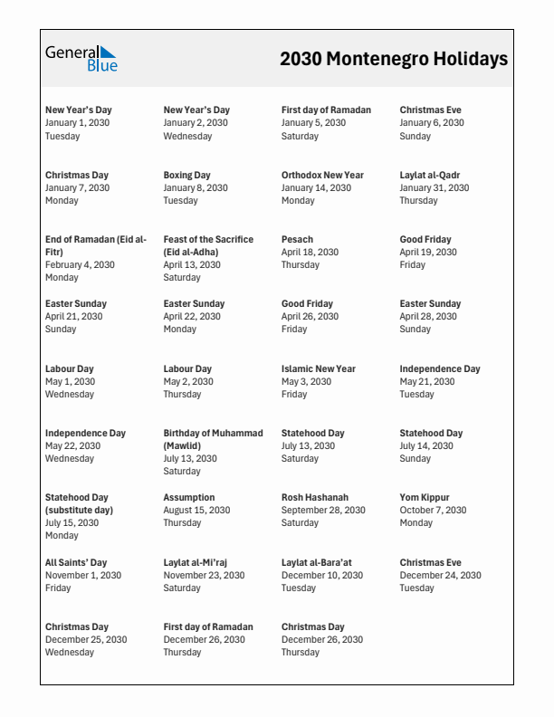 Free printable list of Montenegro holidays for year 2030