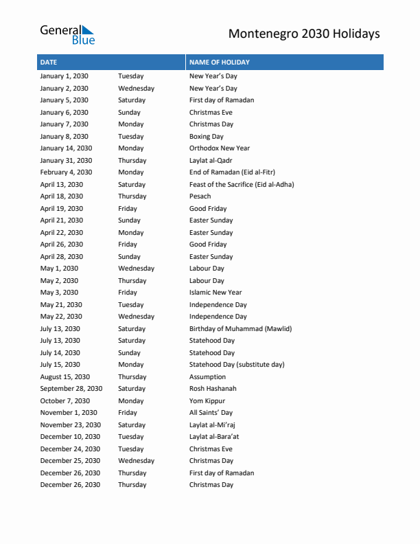 Free printable list of Montenegro holidays for year 2030