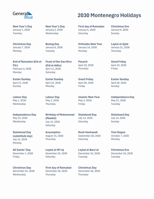 Free printable list of Montenegro holidays for year 2030