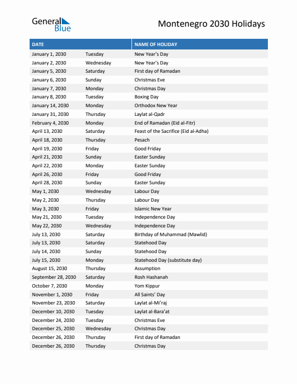 Free printable list of Montenegro holidays for year 2030