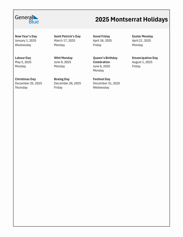 Free printable list of Montserrat holidays for year 2025