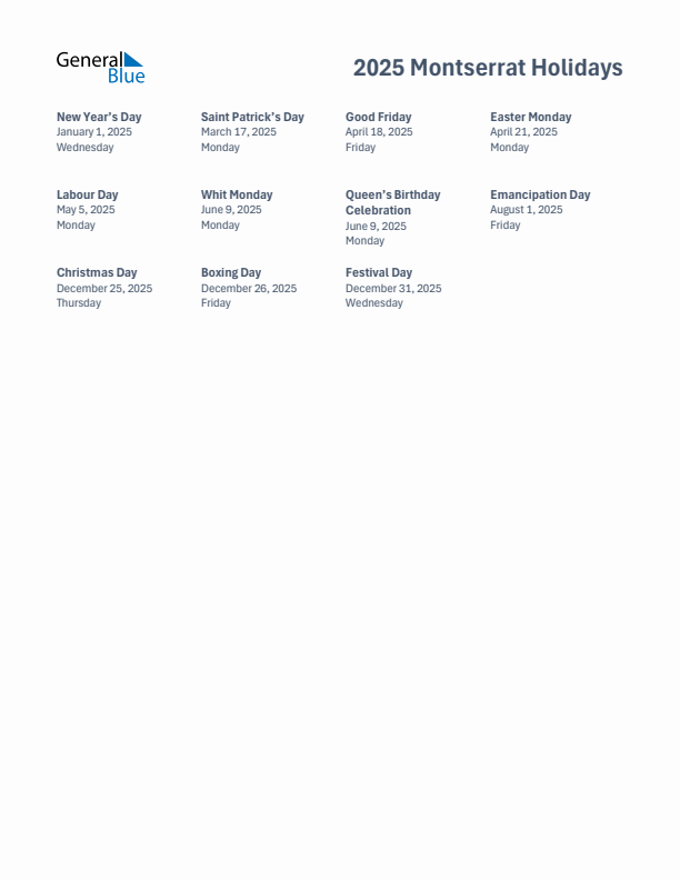 Free printable list of Montserrat holidays for year 2025