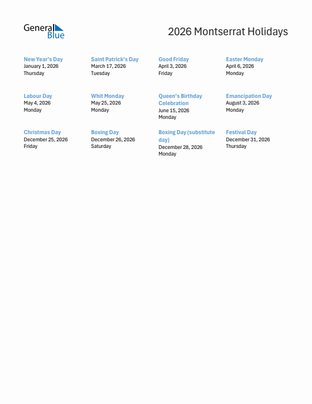 Free printable list of Montserrat holidays for year 2026