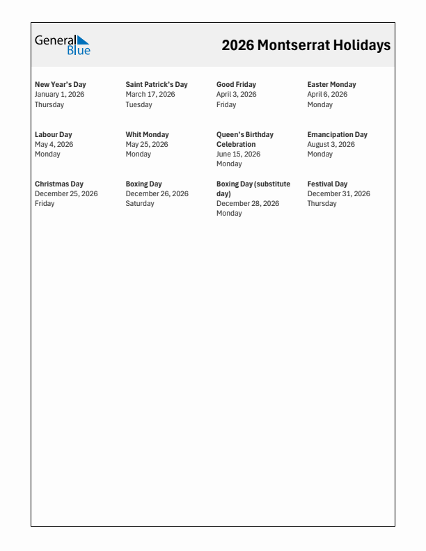 Free printable list of Montserrat holidays for year 2026