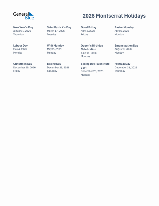 Free printable list of Montserrat holidays for year 2026