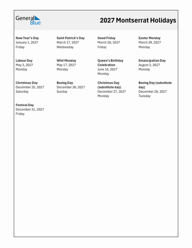 Free printable list of Montserrat holidays for year 2027