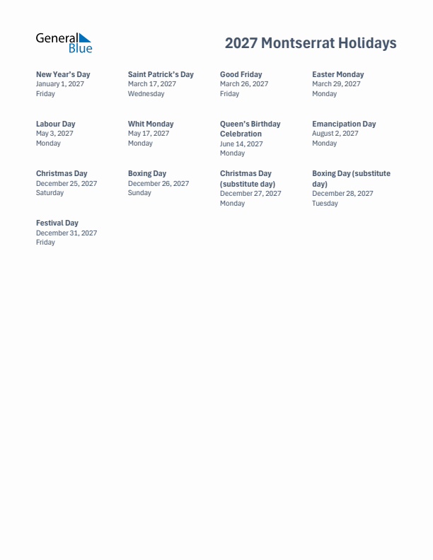Free printable list of Montserrat holidays for year 2027