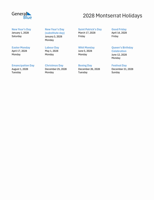 Free printable list of Montserrat holidays for year 2028
