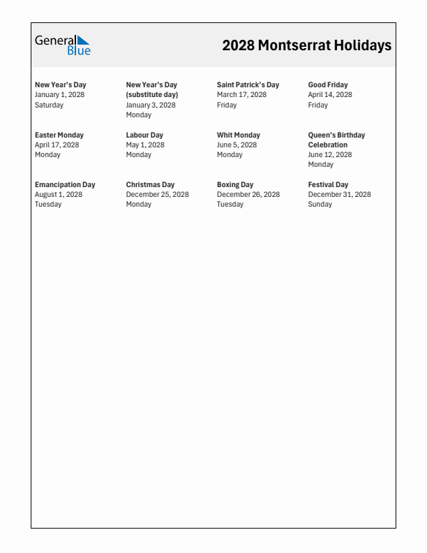Free printable list of Montserrat holidays for year 2028