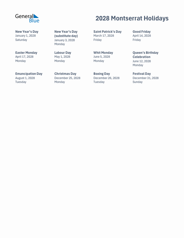 Free printable list of Montserrat holidays for year 2028
