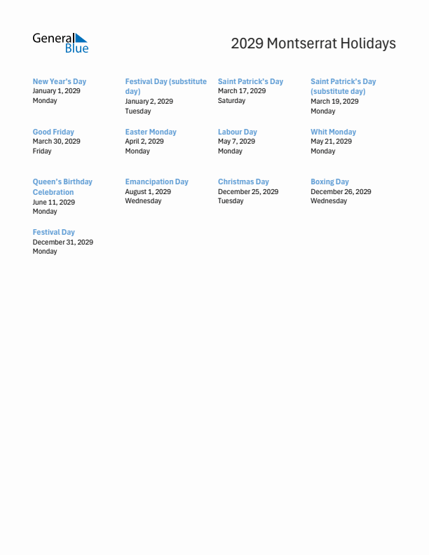 Free printable list of Montserrat holidays for year 2029