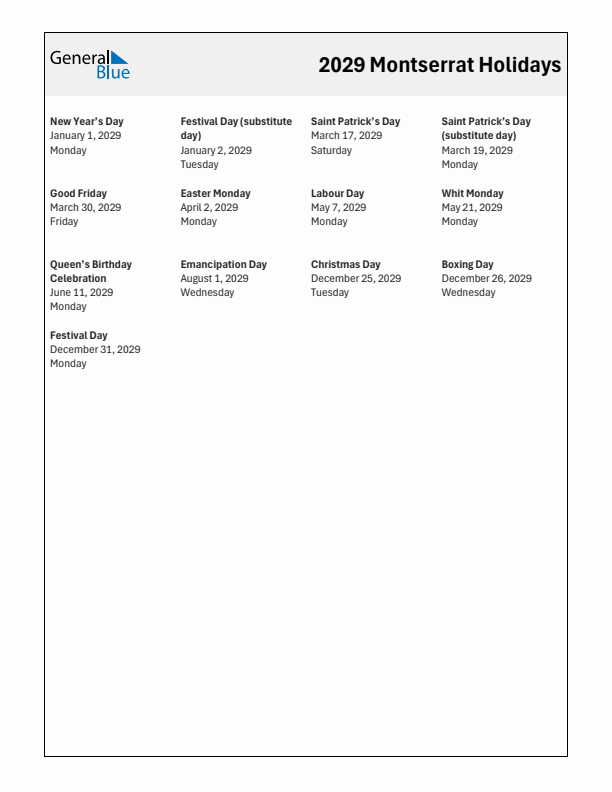 Free printable list of Montserrat holidays for year 2029
